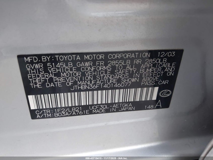 2004 Lexus Ls 430 VIN: JTHBN36F140146077 Lot: 43719415