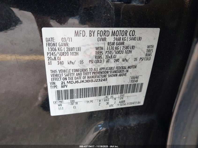 2011 Lincoln Mkx VIN: 2LMDJ6JK3BBJ23245 Lot: 43719417