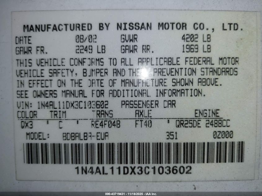 2003 Nissan Altima 2.5 S VIN: 1N4AL11DX3C103602 Lot: 43719431