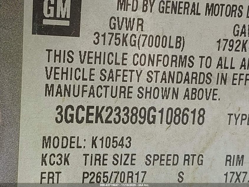 2009 Chevrolet Silverado 1500 Lt VIN: 3GCEK23389G108618 Lot: 43719447