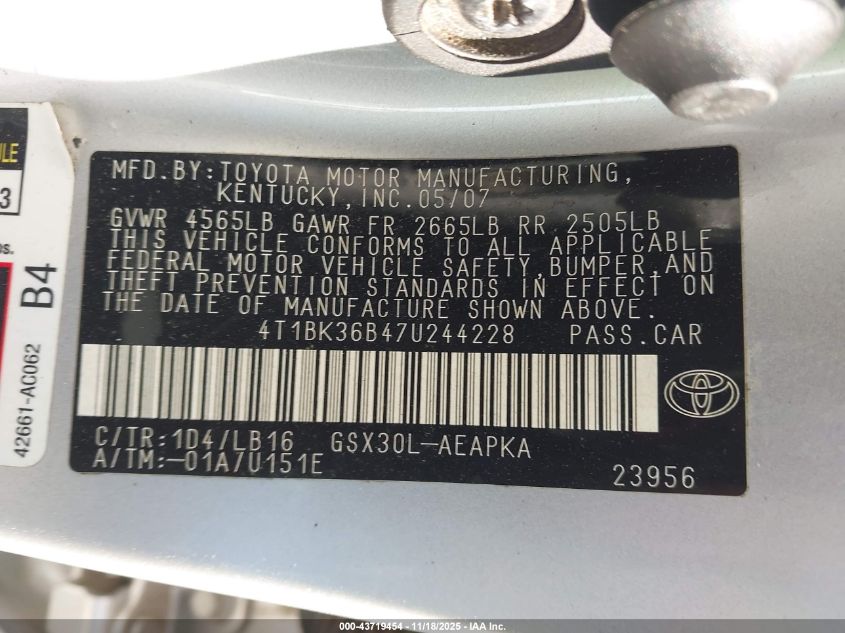 2007 Toyota Avalon Limited VIN: 4T1BK36B47U244228 Lot: 43719454