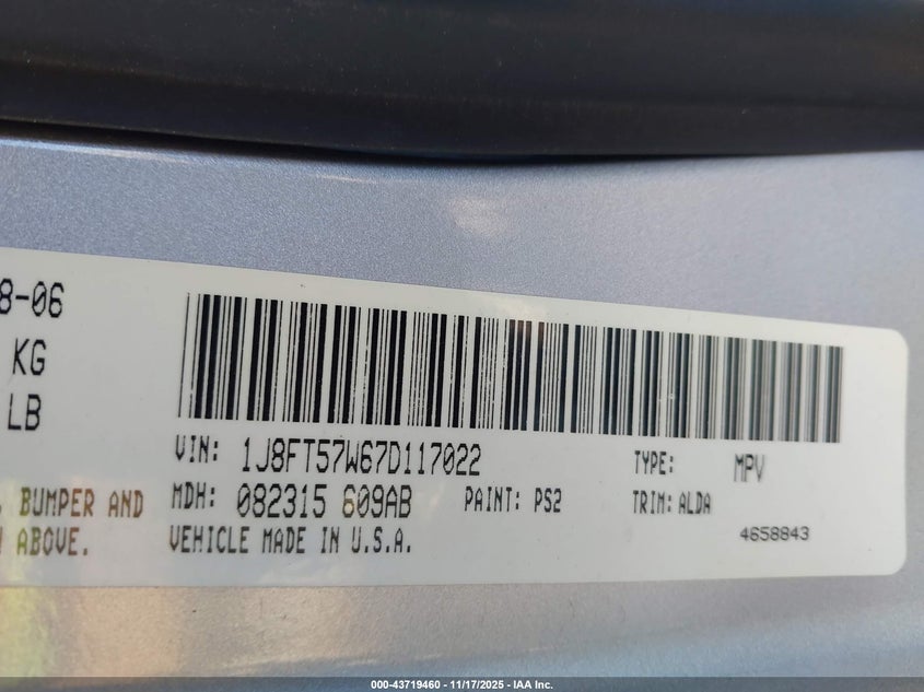 2007 Jeep Compass Limited VIN: 1J8FT57W67D117022 Lot: 43719460