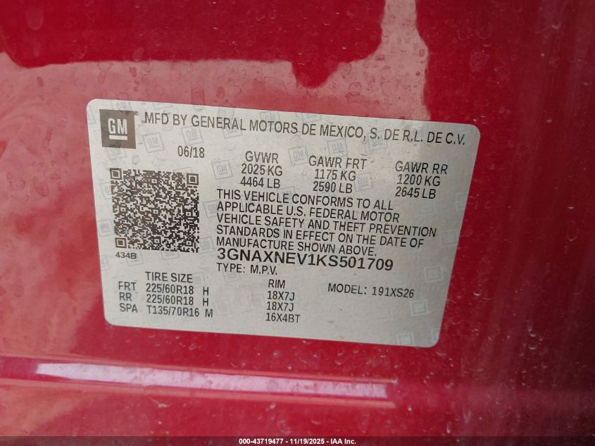 2019 Chevrolet Equinox Premier VIN: 3GNAXNEV1KS501709 Lot: 43719477