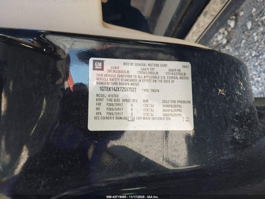 2007 GMC Sierra 1500 Sle1 VIN: 1GTEK14JX7Z597527 Lot: 43719490