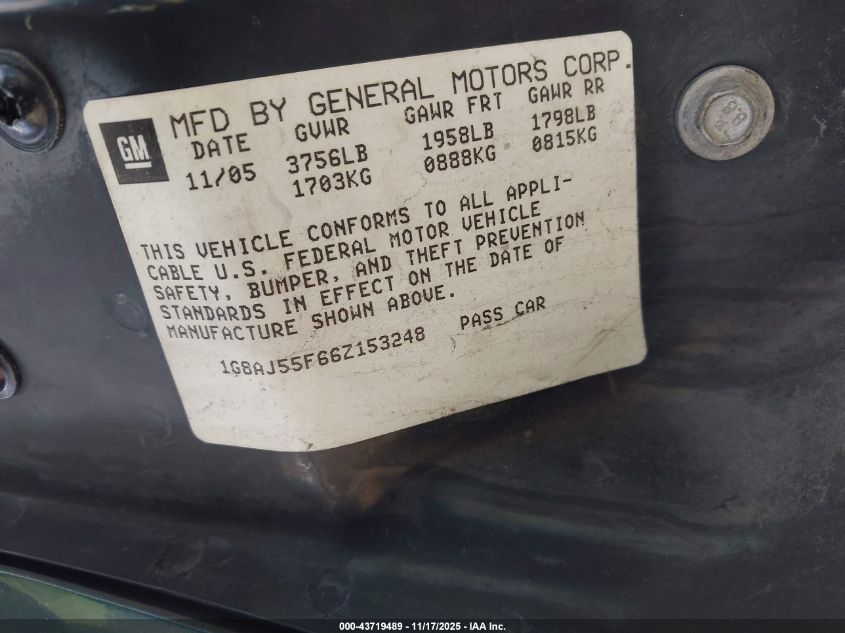 2006 Saturn Ion 2 VIN: 1G8AJ55F66Z153248 Lot: 43719489