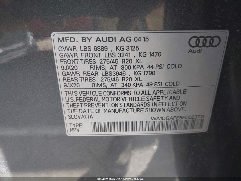 2015 Audi Q7 3.0T S Line Prestige VIN: WA1DGAFE5FD023713 Lot: 43719525