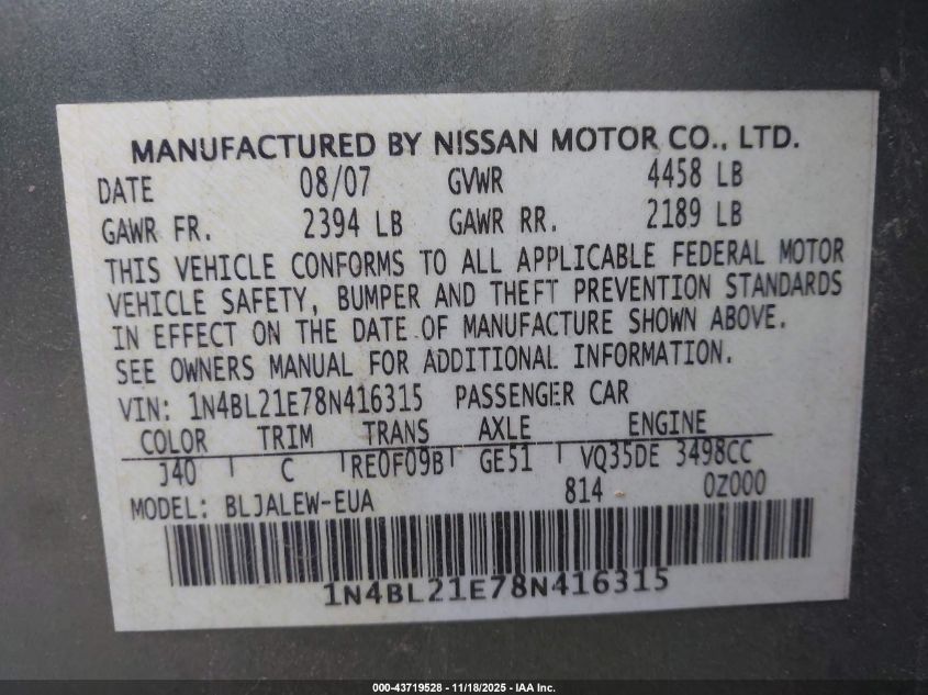 2008 Nissan Altima 3.5 Sl VIN: 1N4BL21E78N416315 Lot: 43719528