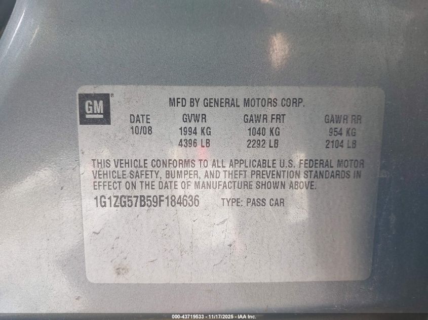 2009 Chevrolet Malibu Ls VIN: 1G1ZG57B59F184636 Lot: 43719533