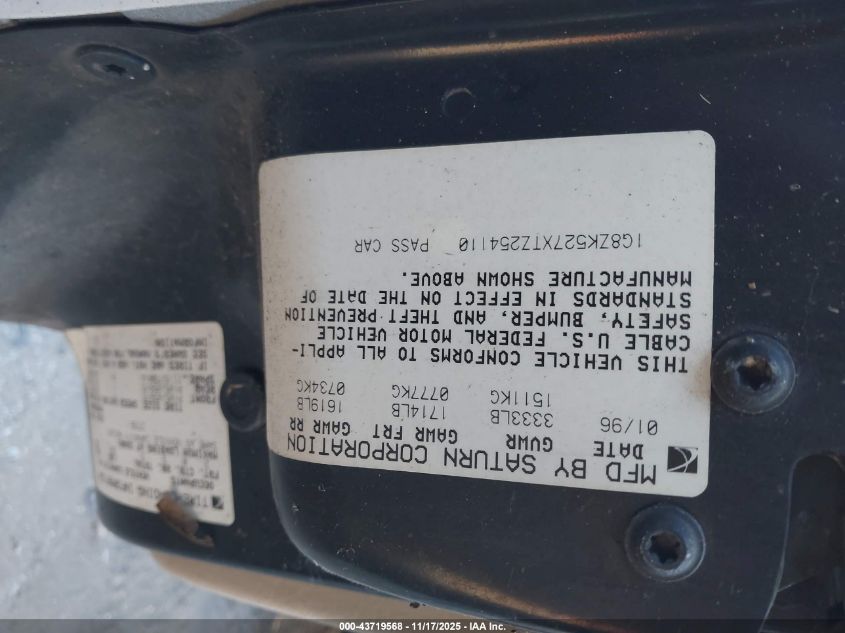 1996 Saturn Sl2 VIN: 1G8ZK527XTZ254110 Lot: 43719568