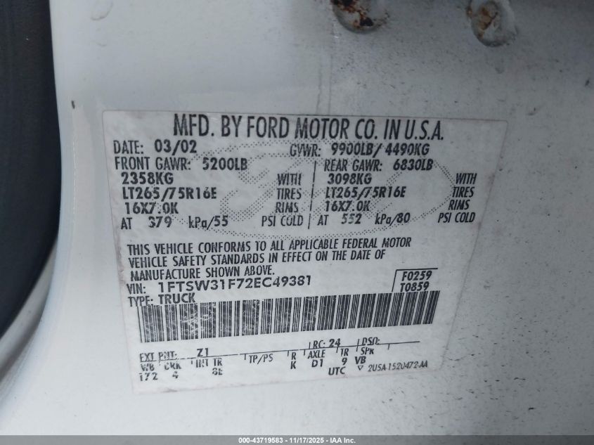 2002 Ford F-350 Lariat/Xl/Xlt VIN: 1FTSW31F72EC49381 Lot: 43719583
