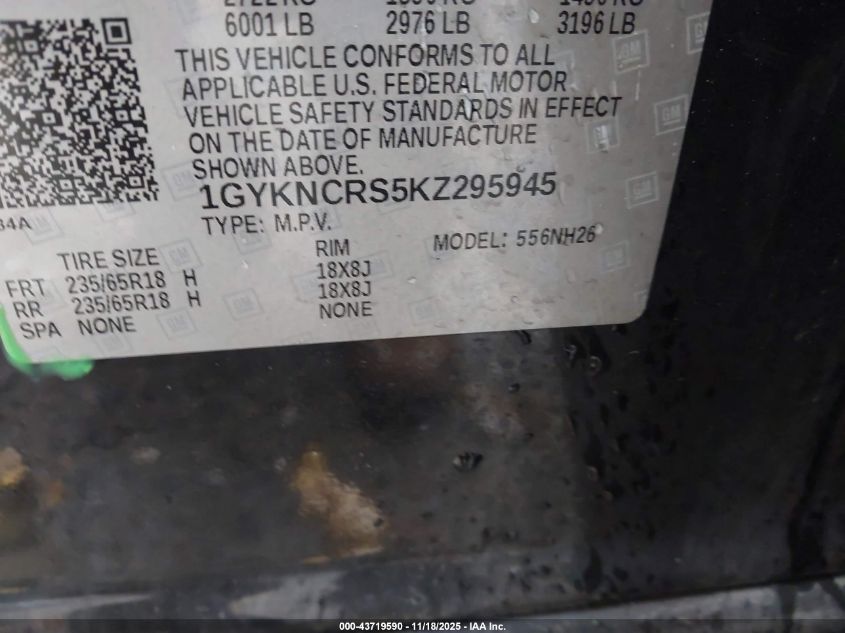 2019 Cadillac Xt5 Luxury VIN: 1GYKNCRS5KZ295945 Lot: 43719590