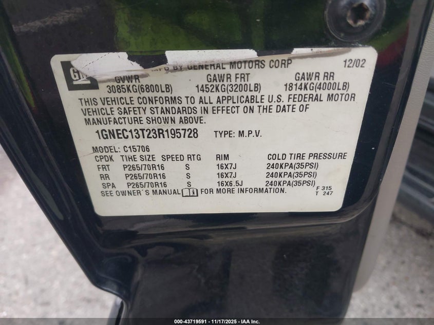 2003 Chevrolet Tahoe Ls VIN: 1GNEC13T23R195728 Lot: 43719591