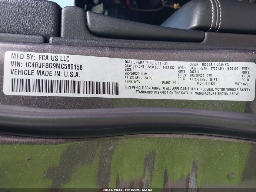 2021 Jeep Grand Cherokee 80Th Anniversary 4X4 VIN: 1C4RJFBG9MC580158 Lot: 43719613