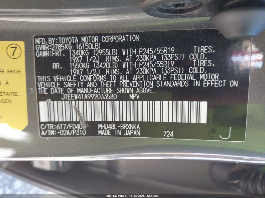 2009 Toyota Highlander Hybrid VIN: JTEEW41A992033580 Lot: 43719615