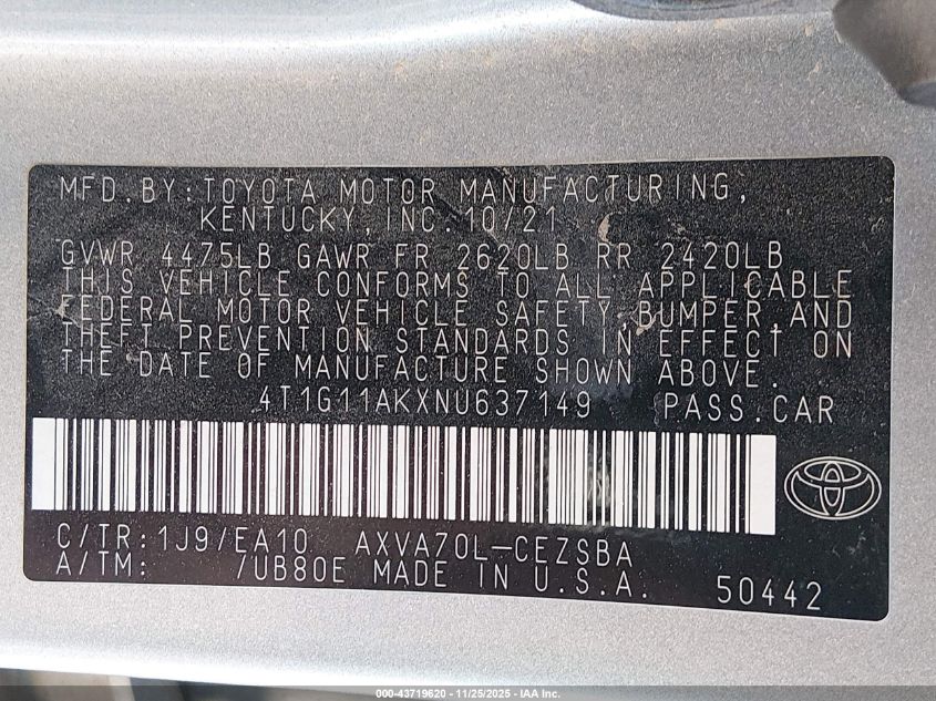 2022 Toyota Camry Se VIN: 4T1G11AKXNU637149 Lot: 43719620