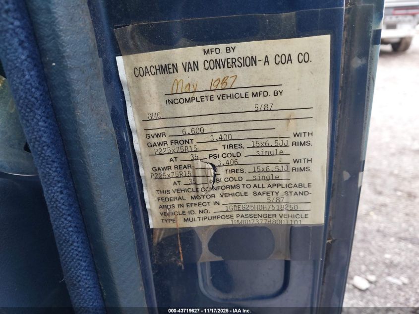 1987 GMC Rally Wagon / Van G2500 VIN: 1GDEG25H0H7518250 Lot: 43719627