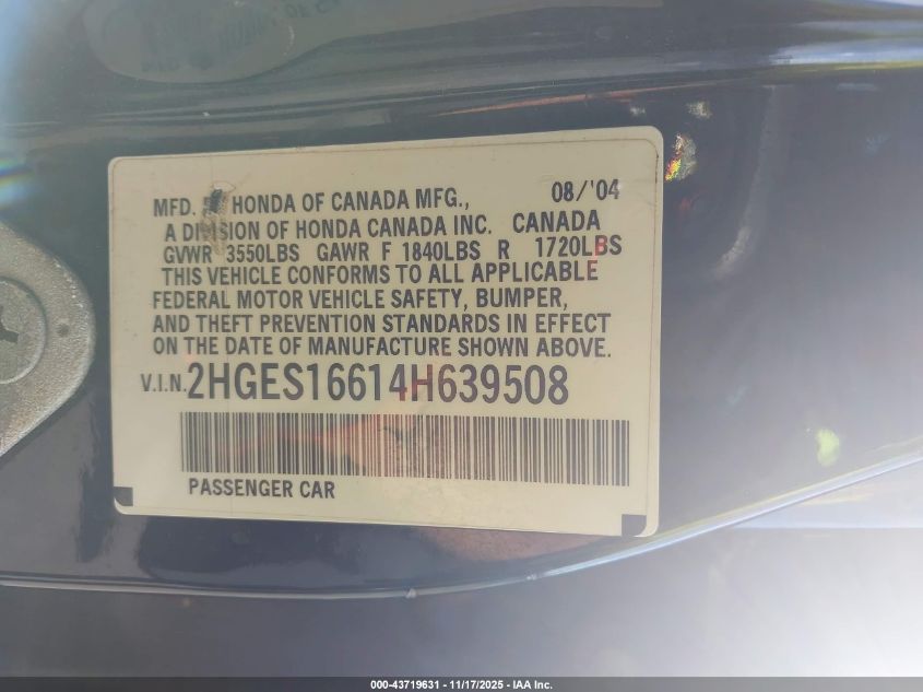 2004 Honda Civic Lx VIN: 2HGES16614H639508 Lot: 43719631