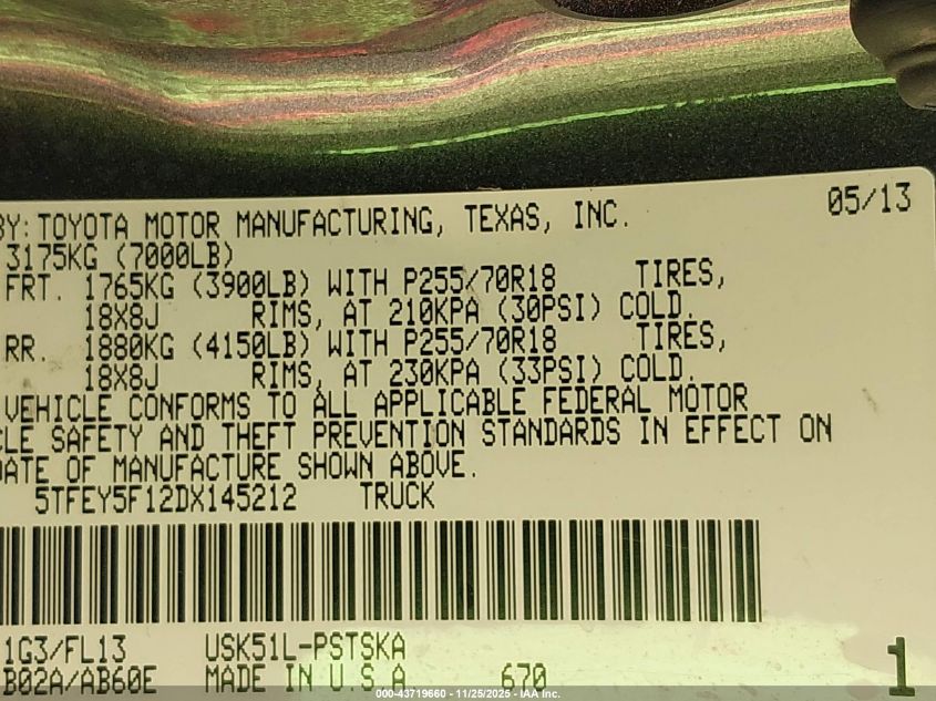 2013 Toyota Tundra Grade 5.7L V8 VIN: 5TFEY5F12DX145212 Lot: 43719660