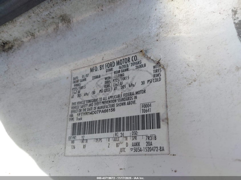 2007 Ford Ranger Stx/Xl/Xlt VIN: 1FTYR14D07PA66156 Lot: 43719672
