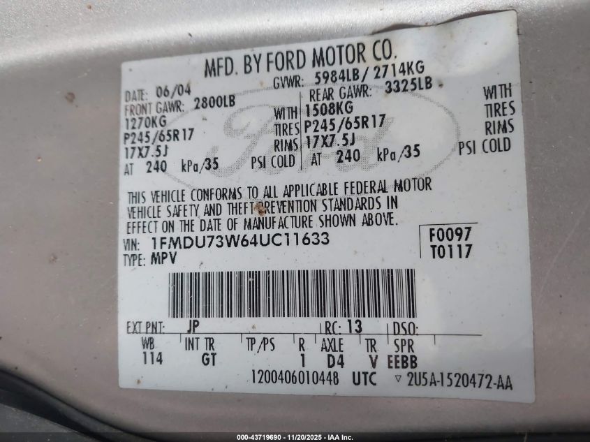 2004 Ford Explorer Nbx/Xlt VIN: 1FMDU73W64UC11633 Lot: 43719690