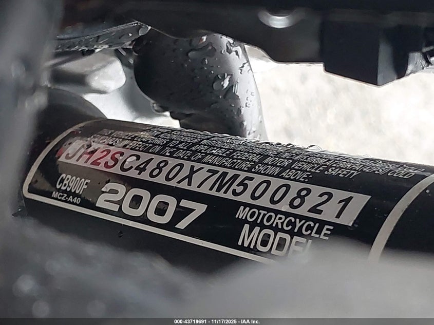 2007 Honda Cb900 F VIN: JH2SC480X7M500821 Lot: 43719691