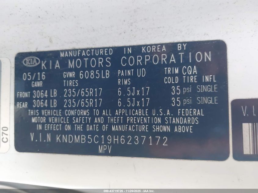 2017 Kia Sedona Lx VIN: KNDMB5C19H6237172 Lot: 43719726