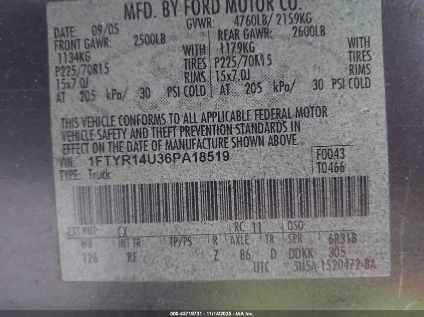 2006 Ford Ranger Sport/Stx/Xl/Xlt VIN: 1FTYR14U36PA18519 Lot: 43719731