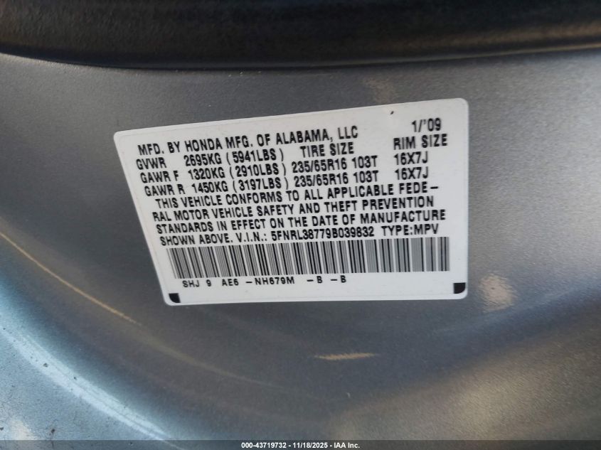 2009 Honda Odyssey Ex-L VIN: 5FNRL38779B039832 Lot: 43719732