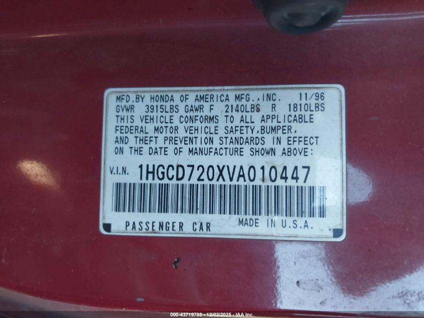 1997 Honda Accord Se VIN: 1HGCD720XVA010447 Lot: 43719733