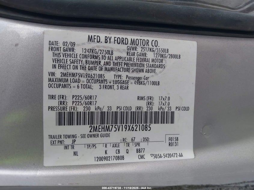 2009 Mercury Grand Marquis Ls (Fleet Only) VIN: 2MEHM75V19X621085 Lot: 43719738