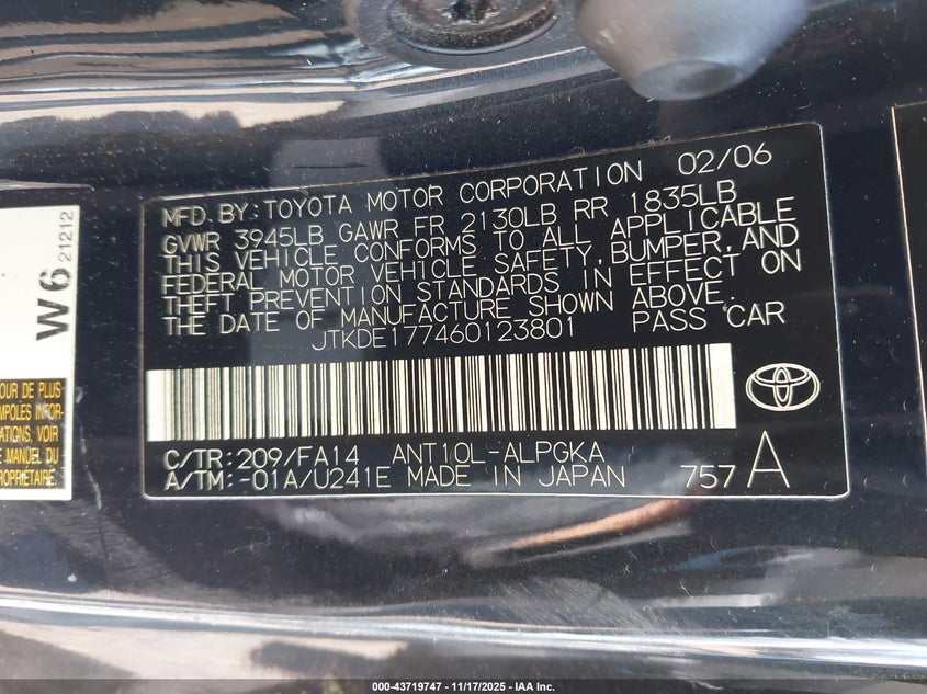 2006 Scion Tc VIN: JTKDE177460123801 Lot: 43719747