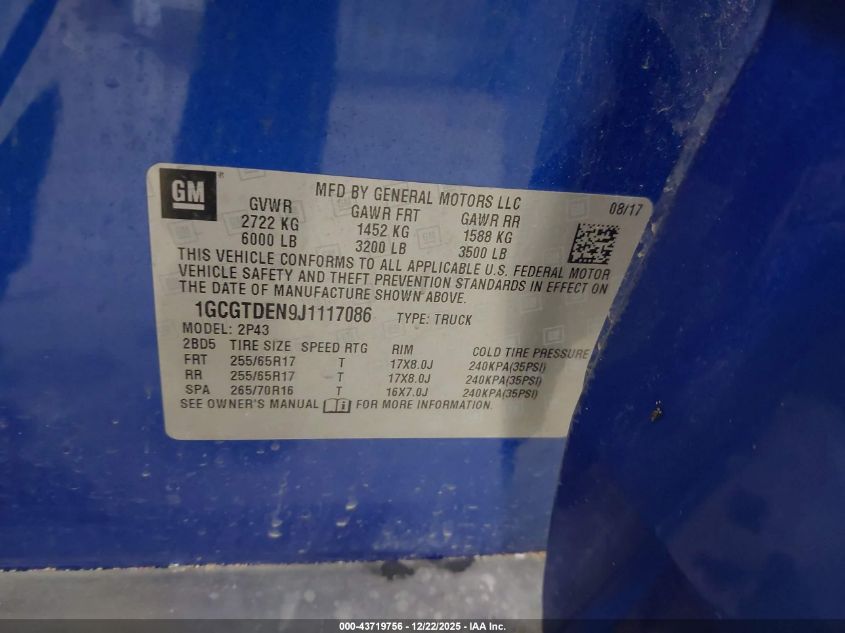2018 Chevrolet Colorado Z71 VIN: 1GCGTDEN9J1117086 Lot: 43719756