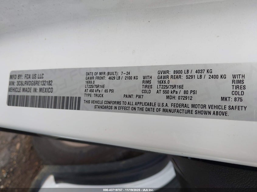 2024 Ram Promaster 2500 Tradesman High Roof 159 Wb W/Pass Seat VIN: 3C6LRVDG6RE132182 Lot: 43719757