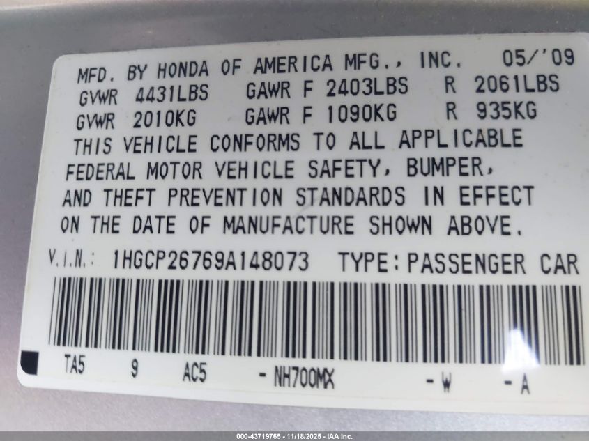2009 Honda Accord 2.4 Ex VIN: 1HGCP26769A148073 Lot: 43719765