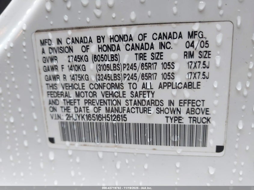 2006 Honda Ridgeline Rtl VIN: 2HJYK16516H512615 Lot: 43719782