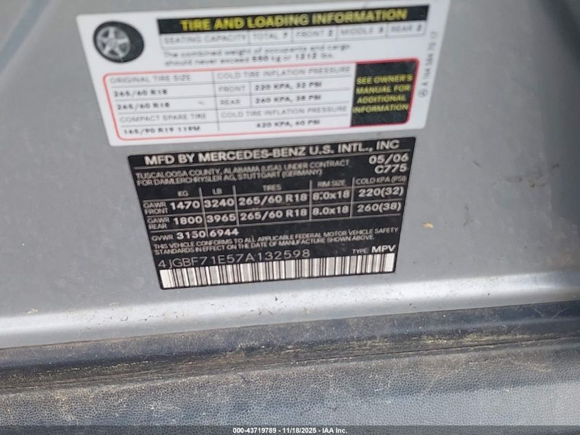 2007 Mercedes-Benz Gl 450 4Matic VIN: 4JGBF71E57A132598 Lot: 43719789