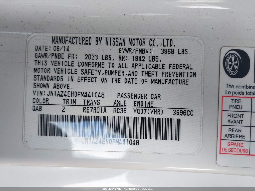 2015 Nissan 370Z Nismo Tech VIN: JN1AZ4EH0FM441048 Lot: 43719793