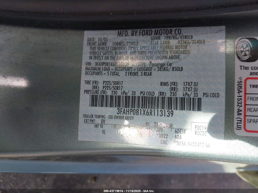 2006 Ford Fusion Sel VIN: 3FAHP081X6R113139 Lot: 43719814