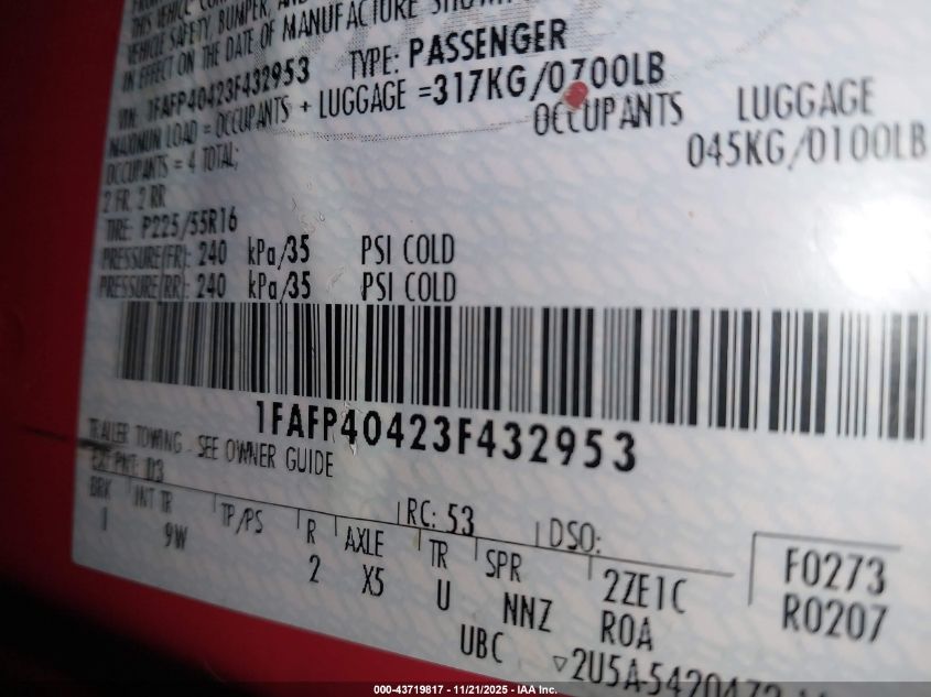 2003 Ford Mustang VIN: 1FAFP40423F432953 Lot: 43719817