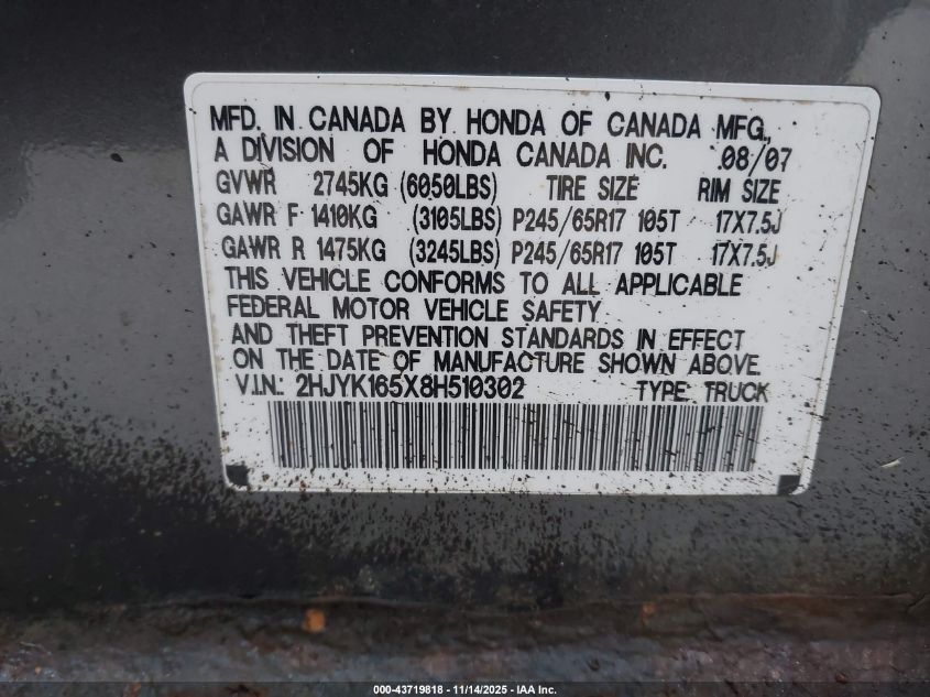 2008 Honda Ridgeline Rtl VIN: 2HJYK165X8H510302 Lot: 43719818