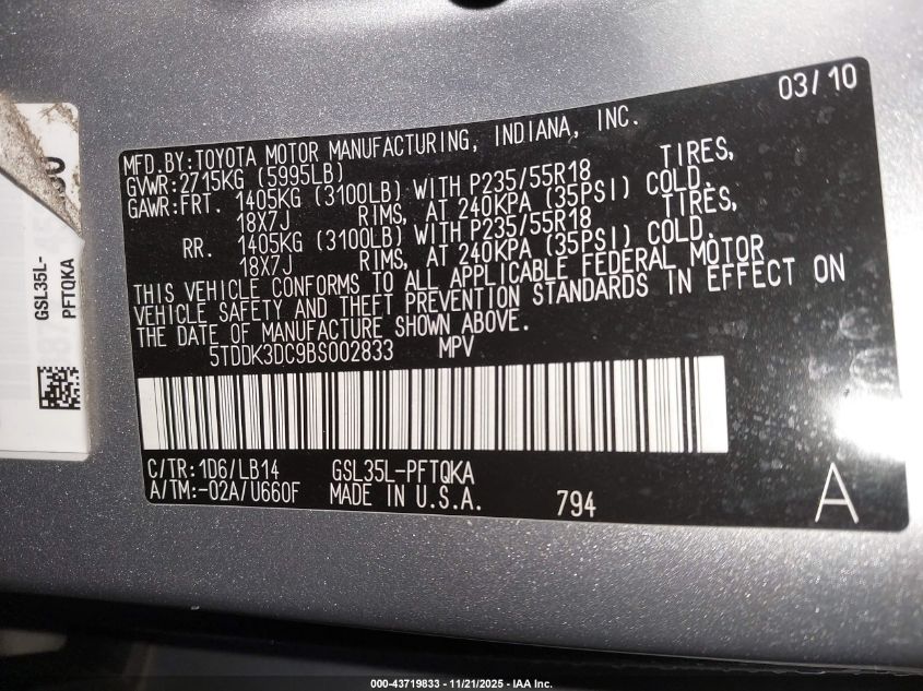 2011 Toyota Sienna Xle VIN: 5TDDK3DC9BS002833 Lot: 43719833