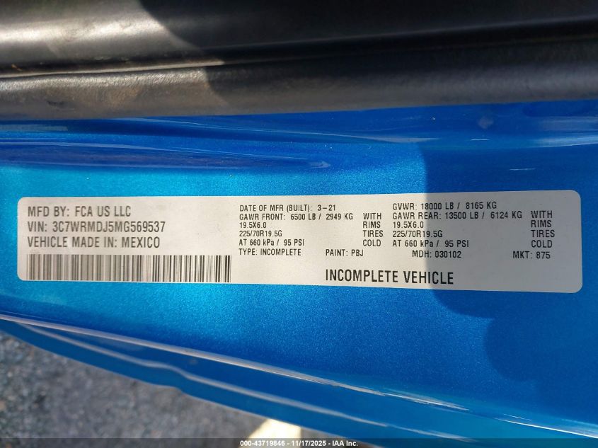 2021 Ram 5500 Chassis Tradesman/Slt VIN: 3C7WRMDJ5MG569537 Lot: 43719846