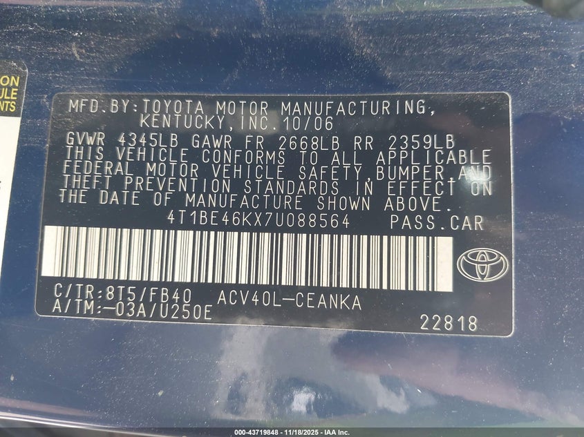 4T1BE46KX7U088564 2007 TOYOTA CAMRY photo no. 9