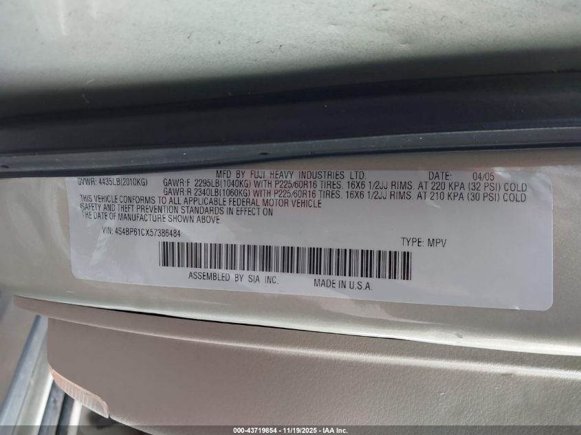 2005 Subaru Outback 2.5I VIN: 4S4BP61CX57386484 Lot: 43719854