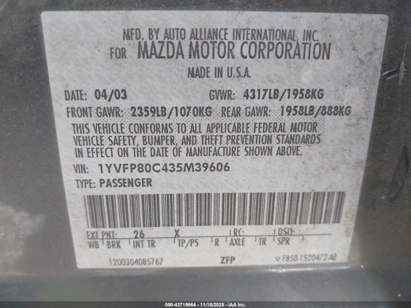 2003 Mazda Mazda6 I VIN: 1YVFP80C435M39606 Lot: 43719864