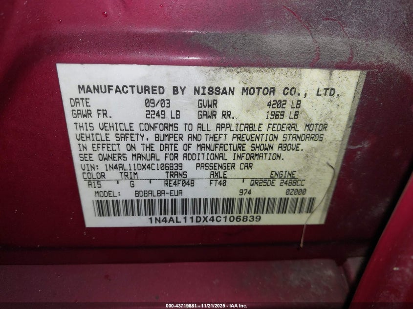 2004 Nissan Altima 2.5 S VIN: 1N4AL11DX4C106839 Lot: 43719881