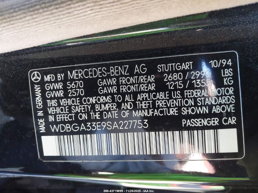 1995 Mercedes-Benz S 320 VIN: WDBGA33E9SA227753 Lot: 43719899