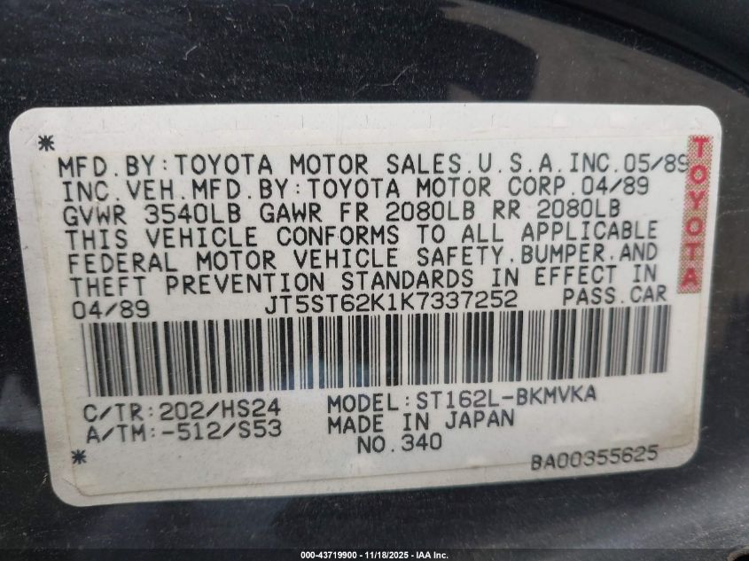 1989 Toyota Celica Gt VIN: JT5ST62K1K7337252 Lot: 43719900