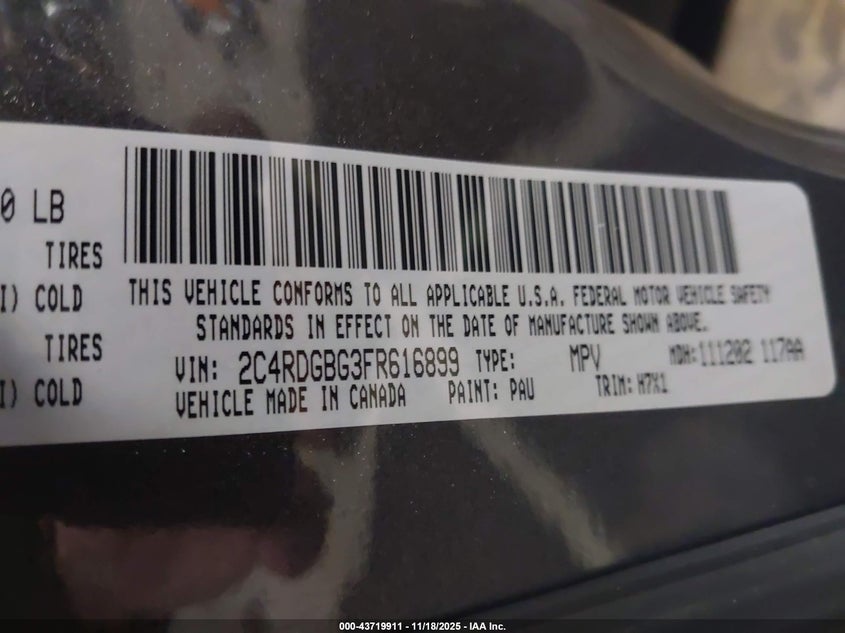 2015 Dodge Grand Caravan American Value Pkg VIN: 2C4RDGBG3FR616899 Lot: 43719911