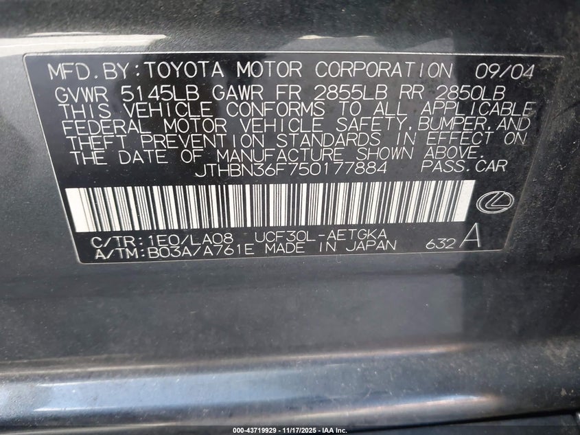 2005 Lexus Ls 430 VIN: JTHBN36F750177884 Lot: 43719929